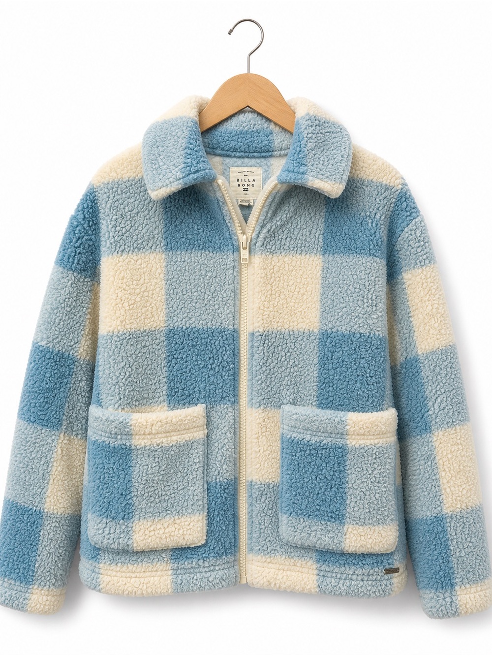 Billabong Blue Cream Check Sherpa Fleece Zip Jacket Size XS Coastal Cozy